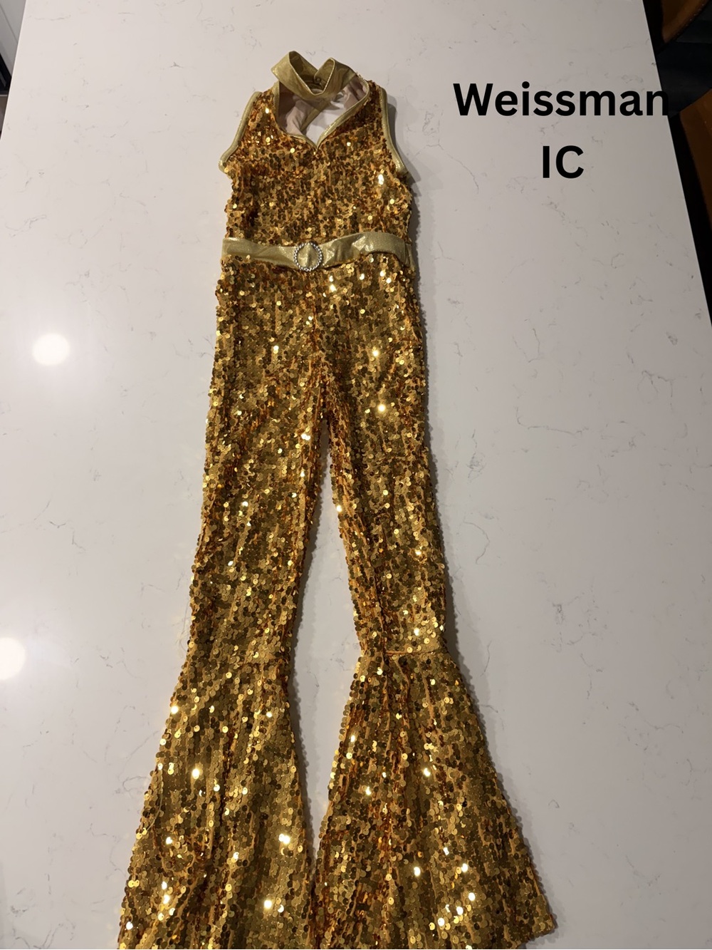 Weissman Gold Sequin Halter Jumpsuit with Belt